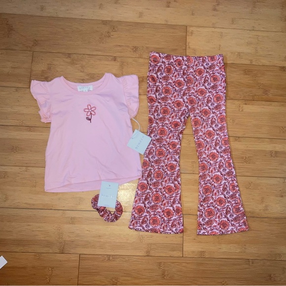 NWT Girls Size 4T Outfit - Tee Top & Flower Flare Pants Leggings - Picture 1 of 2